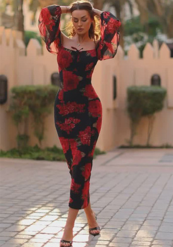 Women's Print Off-Shoulder Slim Bodycon Dress