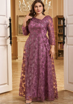 V-Neck PurpleMesh Sequin Embroidery Elegant Evening Dress