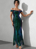Sexy Sequined Strap Off Shoulder Women's Ball Evening Dress