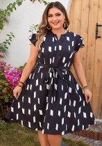 Summer Diamond Print V-Neck Belt Slim Waist Casual Dress
