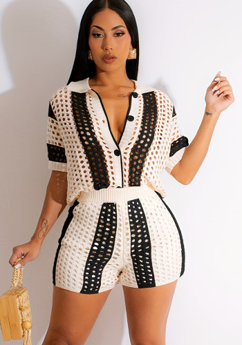 Sexy Ladies Hollow See-Through Turndown Collar Knitting Two Piece Shorts Set