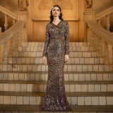 Women's Long-Sleeved V-Neck Slim Sequined Formal Evening Dress