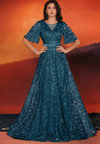 Women Sequin Elegant Square Neck Short Sleeve Party Evening Dress
