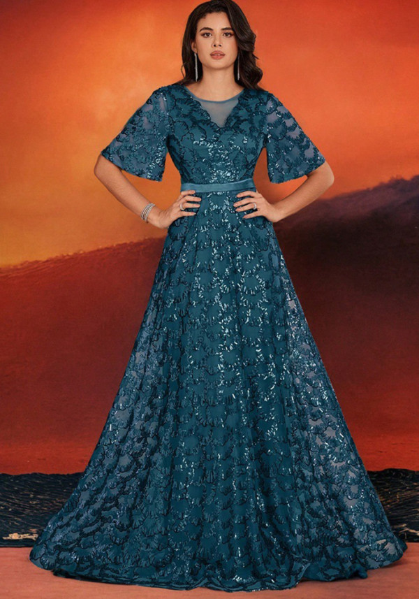 Women Sequin Elegant Square Neck Short Sleeve Party Evening Dress
