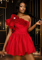 Women party one-shoulder flower Ruffle Sleeve sexy Dress