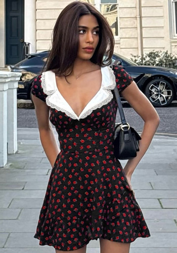 Women French Turndown Collar Rose Print Elegant Dress