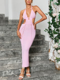 Women Knitting Hollow Sexy Open Waist Backless Halter Neck Lace-Up V-neck Maxi Dress