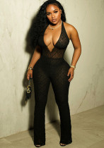 Women sexy Halter Neck V-necklace Backless Jumpsuit (including shorts)