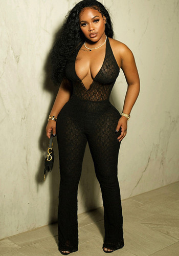 Women sexy Halter Neck V-necklace Backless Jumpsuit (including shorts)