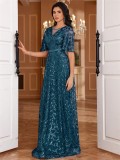 Women Sequin Elegant Square Neck Short Sleeve Party Evening Dress