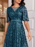 Women Sequin Elegant Square Neck Short Sleeve Party Evening Dress