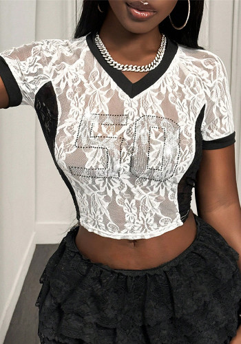 Women Summer Sexy Lacemesh See-Through V-Neck Short Sleeve Crop T-shirt