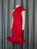 Women elegant half-high collar ruffled off-shoulder ruffled hem Formal Party dresses