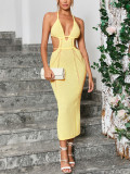 Women Knitting Hollow Sexy Open Waist Backless Halter Neck Lace-Up V-neck Maxi Dress