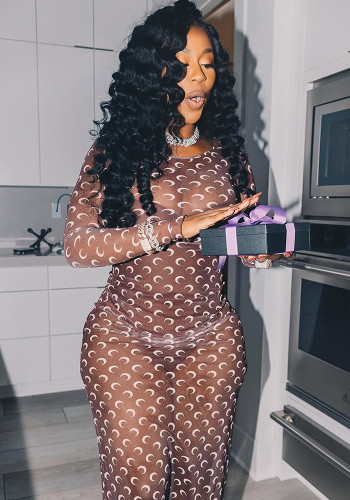 Women Sexy See-Through Crescent Print Round Neck Long Sleeve Maxi Dress