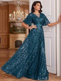 Women Sequin Elegant Square Neck Short Sleeve Party Evening Dress