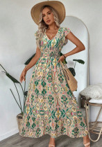 Women summer printed V-neck ruffled Maxi dress