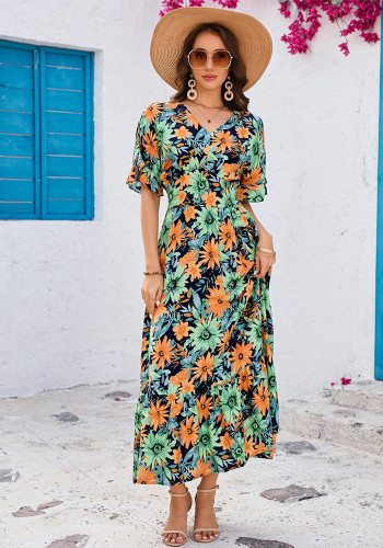 Women ruffled Bat Sleeves V-neck Bohemian beach Holidays dress