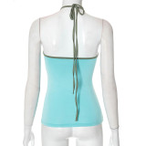 Women's Summer Contrast Color Halter Neck Hollow Low Back Casual Vest Top