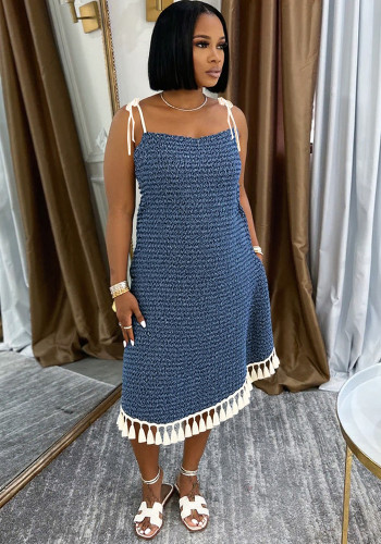 Women Tassel Suspender Denim Dress