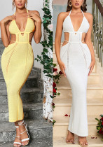Women Knitting Hollow Sexy Open Waist Backless Halter Neck Lace-Up V-neck Maxi Dress