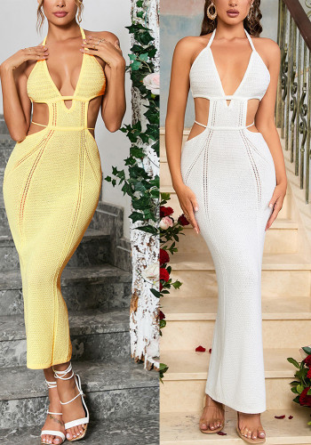 Women Knitting Hollow Sexy Open Waist Backless Halter Neck Lace-Up V-neck Maxi Dress