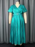 Plus Size Women V-neck puff sleeve pleated Maxi dress