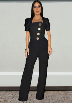 Fashion Women's Short-Sleeve Wide-Leg Button Jumpsuit