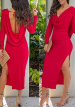 Women's Red Low-Back Long Sleeve Side Slit Long Dress