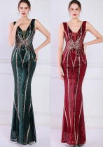 Women Summer Formal V-neck Sleeveless Patchwork Sequined Mermaid Evening Dress