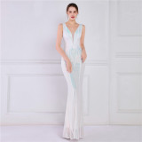 Women Summer Formal V-neck Sleeveless Patchwork Sequined Mermaid Evening Dress