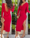 Women's Red Low-Back Long Sleeve Side Slit Long Dress