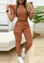 Round Neck Puff Sleeve Top Pants Two-Piece Set