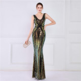 Women Summer Formal V-neck Sleeveless Patchwork Sequined Mermaid Evening Dress