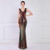 Women Summer Formal V-neck Sleeveless Patchwork Sequined Mermaid Evening Dress