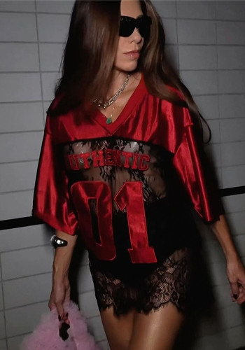 Fashionable Loose Hollow Lace Patchwork Short-Sleeved V-Neck Sheer Sexy Top
