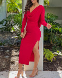 Women's Red Low-Back Long Sleeve Side Slit Long Dress