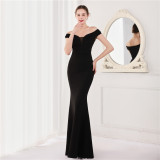 Summer Elegant Plain Off Shoulder Short Sleeve Evening Dress