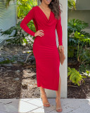 Women's Red Low-Back Long Sleeve Side Slit Long Dress