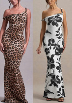 Women Sexy Strap Bcakless Leopard Maxi Dress