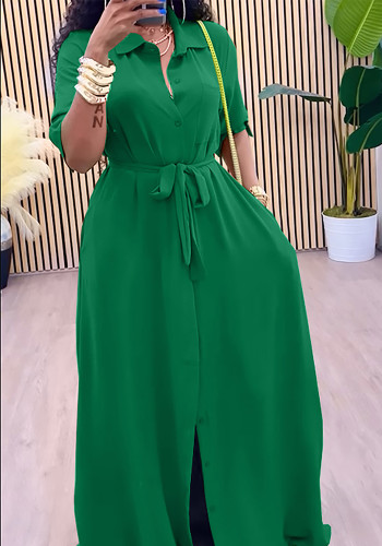 Women Lace Career Shirt Collar 7-point Sleeve Maxi Dress