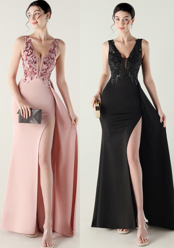 Women clothing fishbone fixed beaded tube embroidery V Neck Formal Party fishtail evening dress