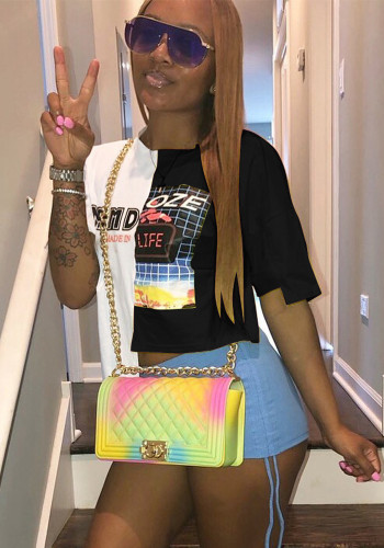 Women clothing spring and summer Style Patchwork contrast color short-sleeved irregular print T-shirt Top