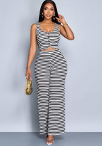 Women Style Striped Print Sleeveless Top and Wide Leg Pants Two-Piece Set
