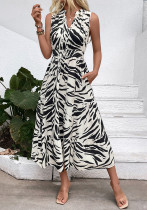 Women Elegant V-Neck Sleeveless Zebra Print Dress
