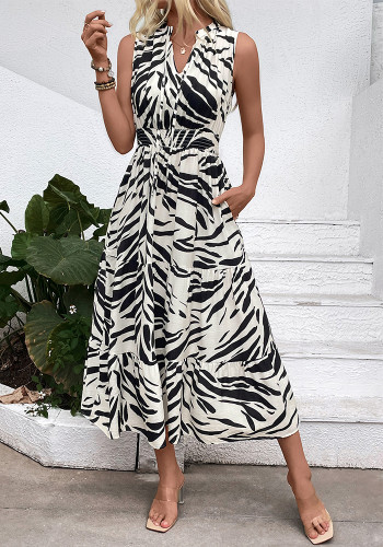 Women Elegant V-Neck Sleeveless Zebra Print Dress