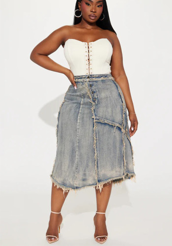 Women Street Retro Washed Gradient Sexy Button Patchwork Skirt