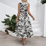 Women Elegant V-Neck Sleeveless Zebra Print Dress