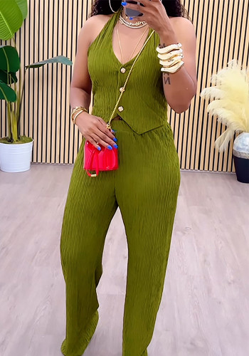 Women Halter Neck Casual Sleeveless Top and Pants Two-piece Set