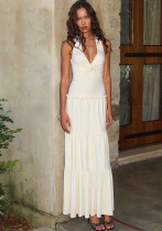 Women Summer Sexy V-Neck Ruffle Edge Halter Neck Knot Maxi Dress